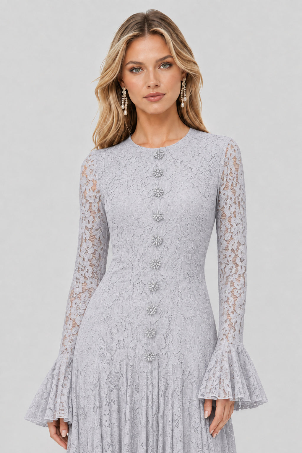 Élodiane Jewel-Button Bell-Sleeve Lace Maxi Dress - Gray_-_selmori.com_-_07