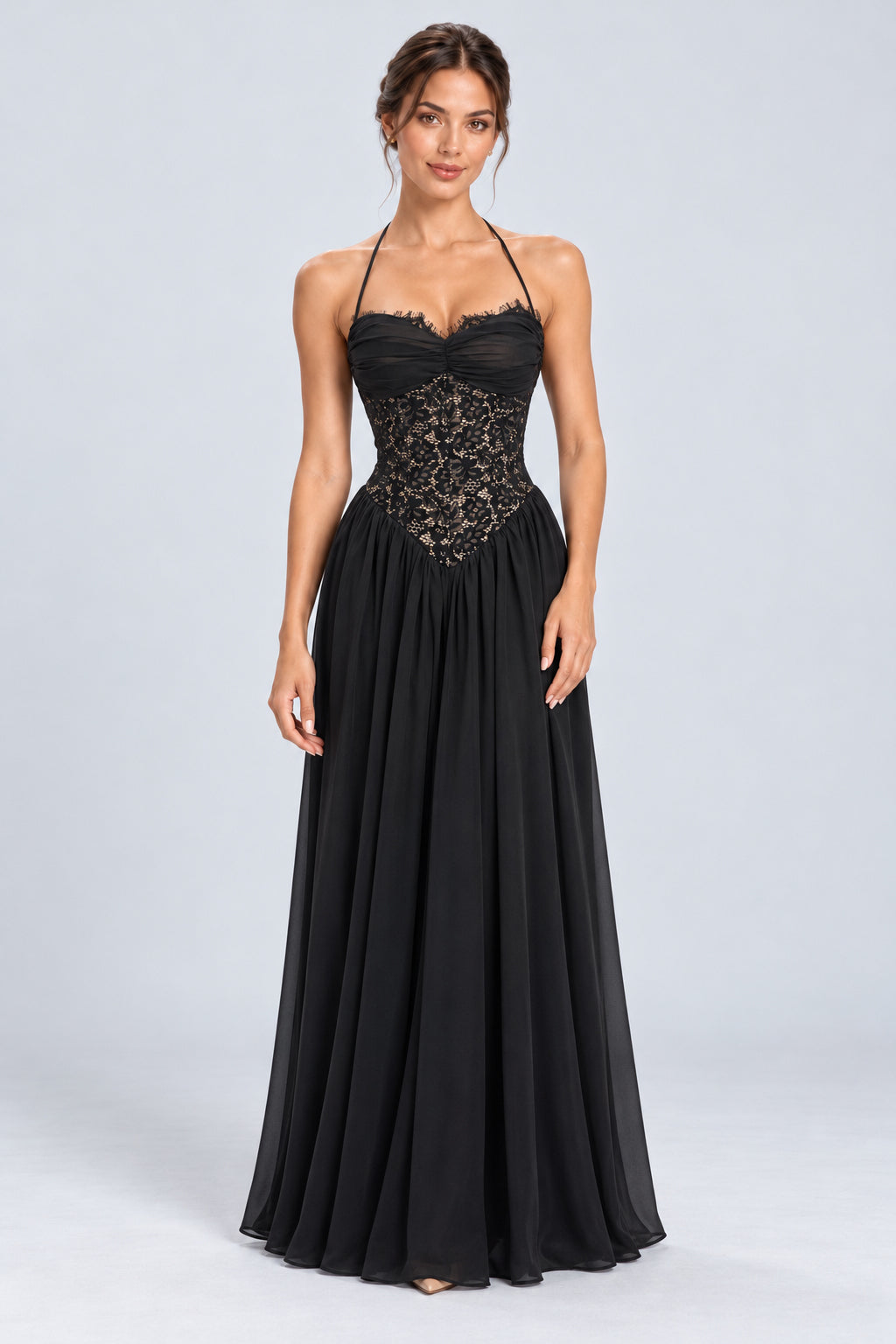 Élodine Halter Lace Corset Chiffon Maxi Dress - Black_-_selmori.com_-_01