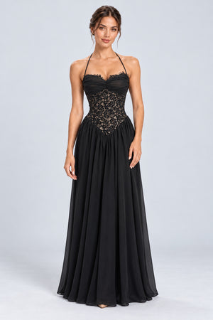 Élodine Halter Lace Corset Chiffon Maxi Dress - Black_-_selmori.com_-_01