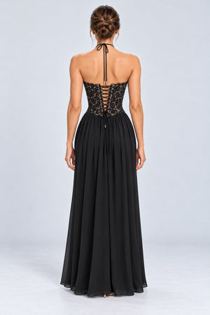 Élodine Halter Lace Corset Chiffon Maxi Dress - Black_-_selmori.com_-_02