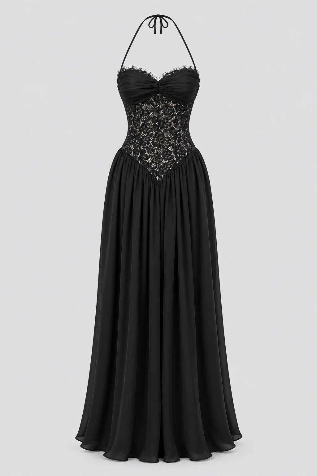 Élodine Halter Lace Corset Chiffon Maxi Dress - Black_-_selmori.com_-_03