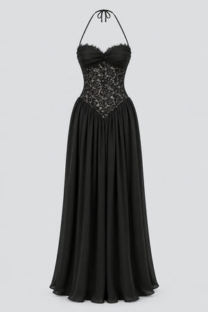 Élodine Halter Lace Corset Chiffon Maxi Dress - Black_-_selmori.com_-_03