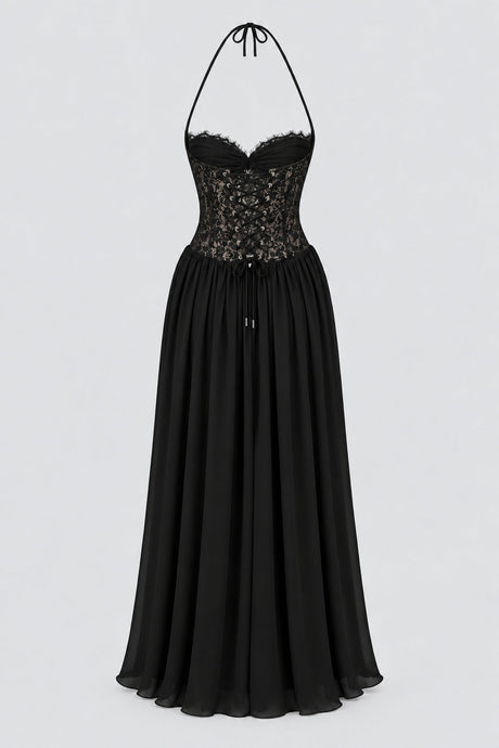 Élodine Halter Lace Corset Chiffon Maxi Dress - Black_-_selmori.com_-_04