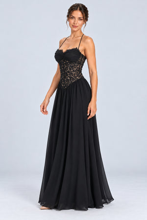 Élodine Halter Lace Corset Chiffon Maxi Dress - Black_-_selmori.com_-_05