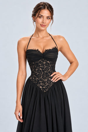 Élodine Halter Lace Corset Chiffon Maxi Dress - Black_-_selmori.com_-_07