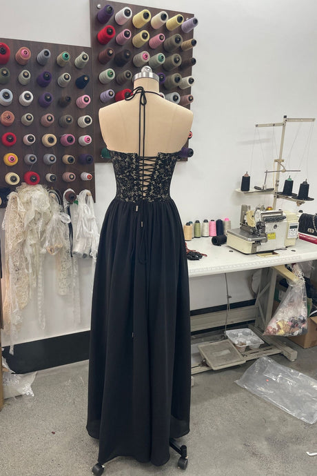 Élodine Halter Lace Corset Chiffon Maxi Dress - Black_-_selmori.com_-_09