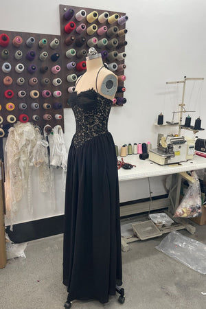 Élodine Halter Lace Corset Chiffon Maxi Dress - Black_-_selmori.com_-_10