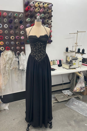 Élodine Halter Lace Corset Chiffon Maxi Dress - Black_-_selmori.com_-_12