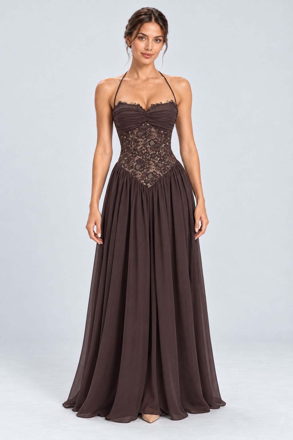 Élodine Halter Lace Corset Chiffon Maxi Dress - Brown_-_selmori.com_-_01