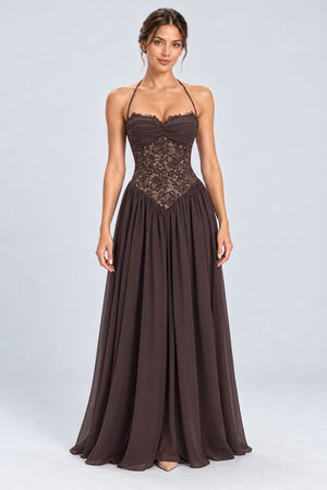 Élodine Halter Lace Corset Chiffon Maxi Dress - Brown_-_selmori.com_-_01