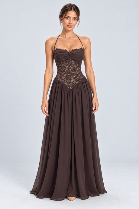 Élodine Halter Lace Corset Chiffon Maxi Dress - Brown_-_selmori.com_-_01