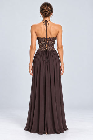 Élodine Halter Lace Corset Chiffon Maxi Dress - Brown_-_selmori.com_-_02