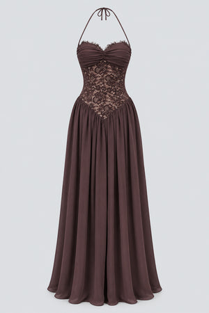 Élodine Halter Lace Corset Chiffon Maxi Dress - Brown_-_selmori.com_-_03