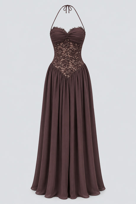 Élodine Halter Lace Corset Chiffon Maxi Dress - Brown_-_selmori.com_-_03