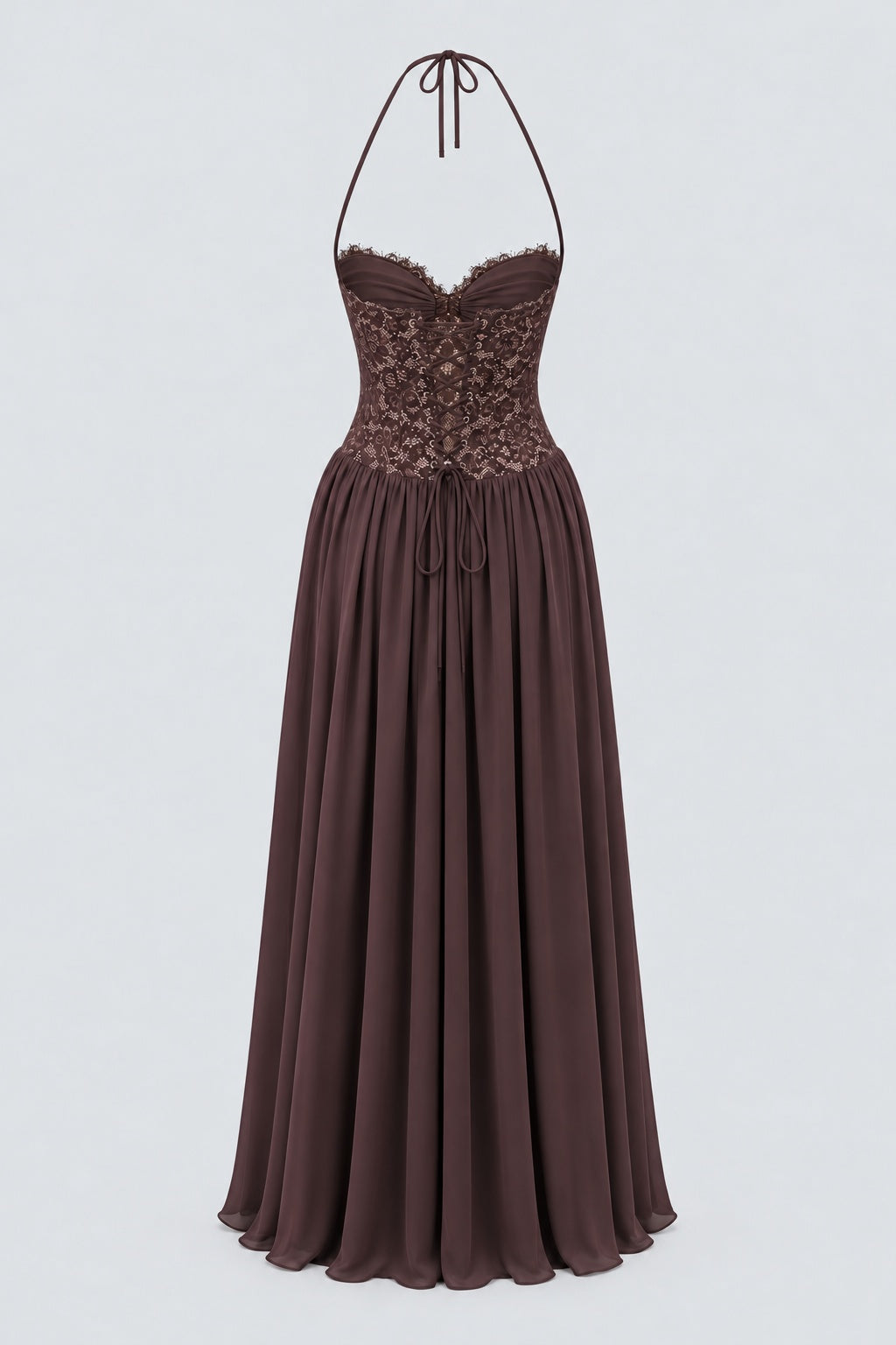 Élodine Halter Lace Corset Chiffon Maxi Dress - Brown_-_selmori.com_-_04