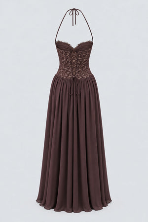 Élodine Halter Lace Corset Chiffon Maxi Dress - Brown_-_selmori.com_-_04
