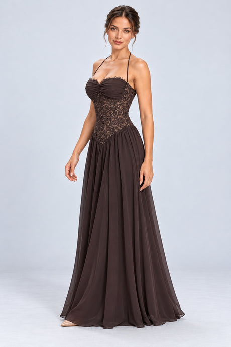 Élodine Halter Lace Corset Chiffon Maxi Dress - Brown_-_selmori.com_-_05