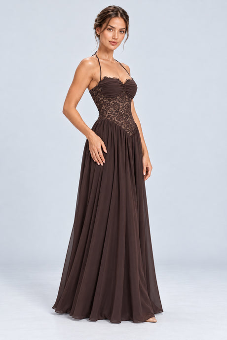 Élodine Halter Lace Corset Chiffon Maxi Dress - Brown_-_selmori.com_-_06