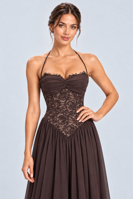 Élodine Halter Lace Corset Chiffon Maxi Dress - Brown_-_selmori.com_-_07