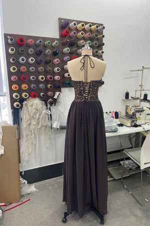 Élodine Halter Lace Corset Chiffon Maxi Dress - Brown_-_selmori.com_-_10