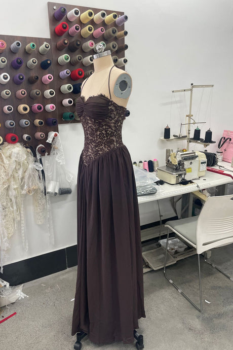 Élodine Halter Lace Corset Chiffon Maxi Dress - Brown_-_selmori.com_-_11