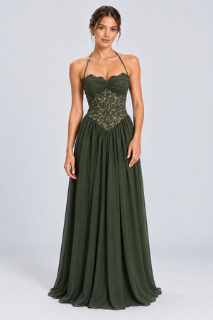 Élodine Halter Lace Corset Chiffon Maxi Dress - Dark Green_-_selmori.com_-_01