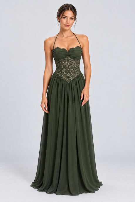 Élodine Halter Lace Corset Chiffon Maxi Dress - Dark Green_-_selmori.com_-_01