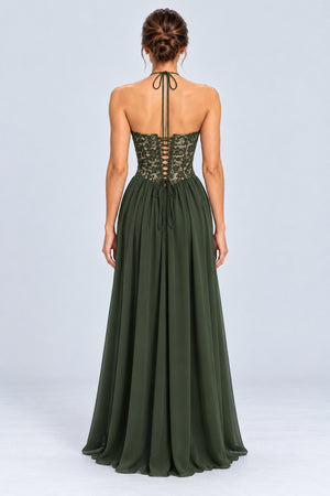 Élodine Halter Lace Corset Chiffon Maxi Dress - Dark Green_-_selmori.com_-_02