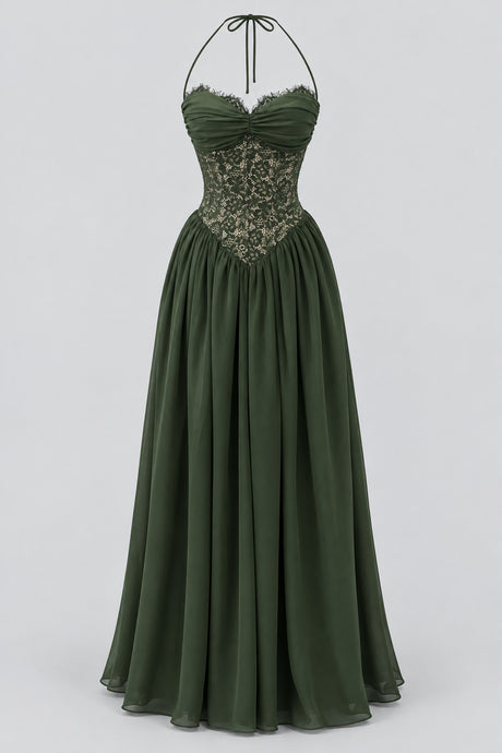 Élodine Halter Lace Corset Chiffon Maxi Dress - Dark Green_-_selmori.com_-_03