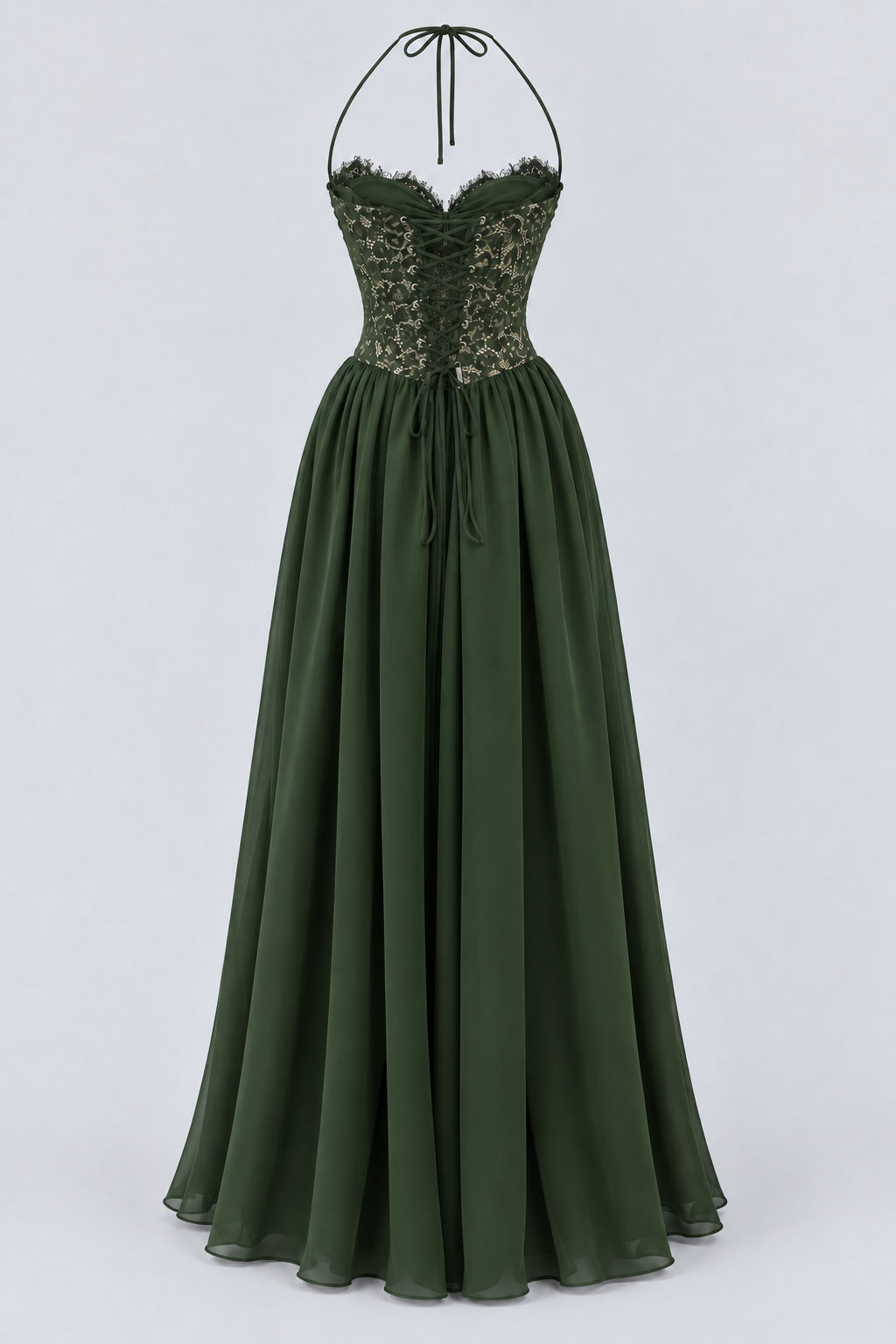 Élodine Halter Lace Corset Chiffon Maxi Dress - Dark Green_-_selmori.com_-_04