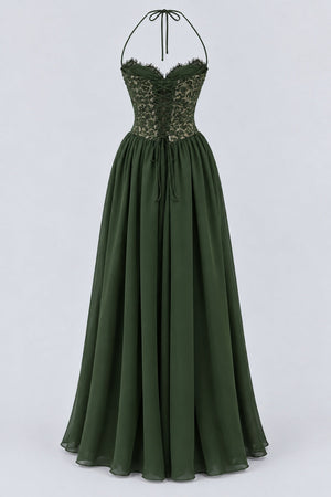 Élodine Halter Lace Corset Chiffon Maxi Dress - Dark Green_-_selmori.com_-_04