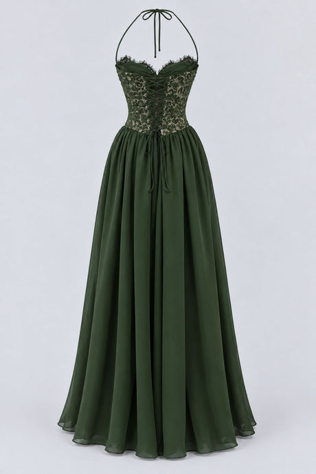 Élodine Halter Lace Corset Chiffon Maxi Dress - Dark Green_-_selmori.com_-_04