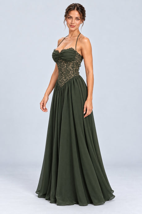 Élodine Halter Lace Corset Chiffon Maxi Dress - Dark Green_-_selmori.com_-_05
