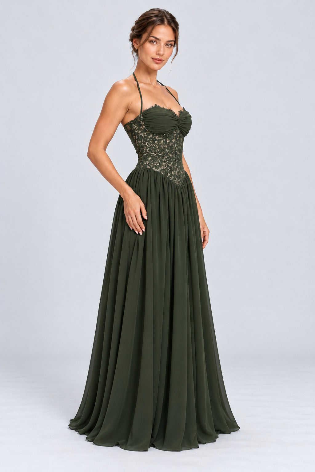 Élodine Halter Lace Corset Chiffon Maxi Dress - Dark Green_-_selmori.com_-_06