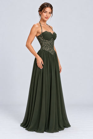 Élodine Halter Lace Corset Chiffon Maxi Dress - Dark Green_-_selmori.com_-_06