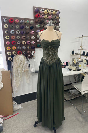 Élodine Halter Lace Corset Chiffon Maxi Dress - Dark Green_-_selmori.com_-_08