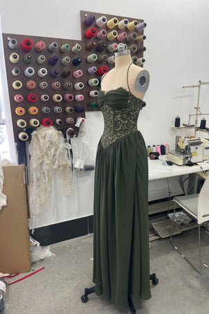 Élodine Halter Lace Corset Chiffon Maxi Dress - Dark Green_-_selmori.com_-_11