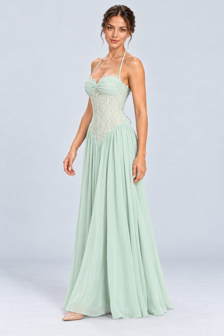 Élodine Halter Lace Corset Chiffon Maxi Dress - Mint Green_-_selmori.com_-_05