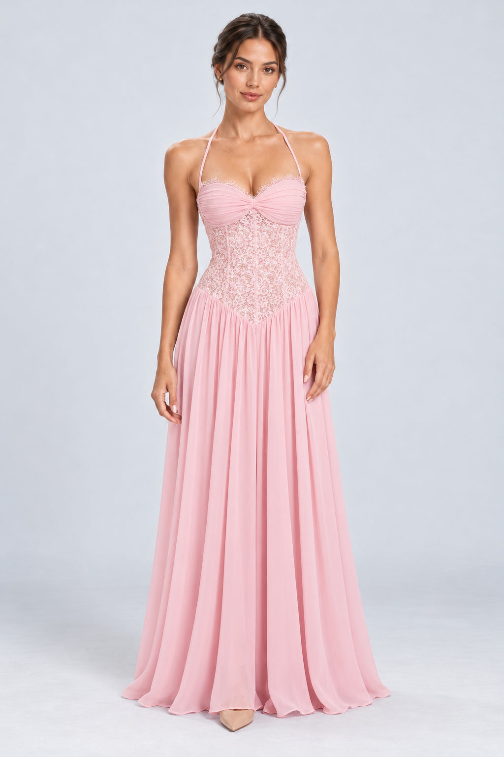 Élodine Halter Lace Corset Chiffon Maxi Dress - Pink_-_selmori.com_-_01