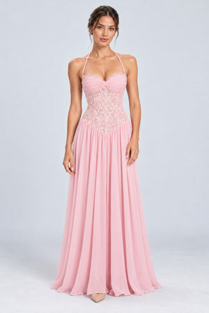 Élodine Halter Lace Corset Chiffon Maxi Dress - Pink_-_selmori.com_-_01