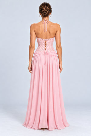 Élodine Halter Lace Corset Chiffon Maxi Dress - Pink_-_selmori.com_-_02
