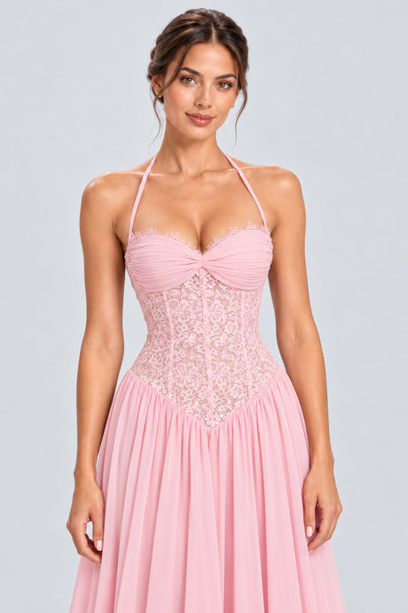 Élodine Halter Lace Corset Chiffon Maxi Dress - Pink_-_selmori.com_-_07