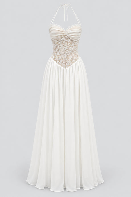 Élodine Halter Lace Corset Chiffon Maxi Dress - White_-_selmori.com_-_03