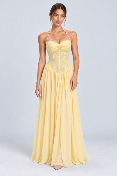 Élodine Halter Lace Corset Chiffon Maxi Dress - Yellow_-_selmori.com_-_01