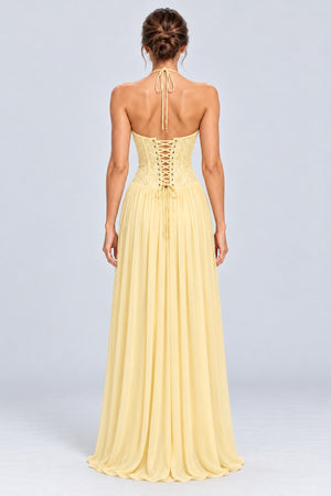 Élodine Halter Lace Corset Chiffon Maxi Dress - Yellow_-_selmori.com_-_02