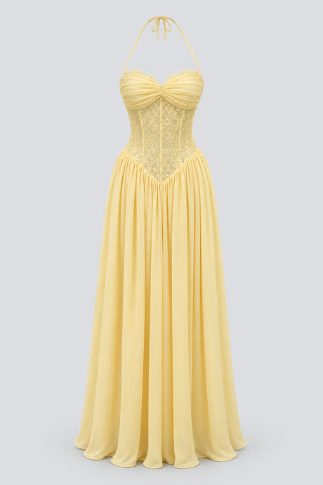Élodine Halter Lace Corset Chiffon Maxi Dress - Yellow_-_selmori.com_-_03