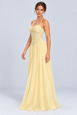 Élodine Halter Lace Corset Chiffon Maxi Dress - Yellow_-_selmori.com_-_05
