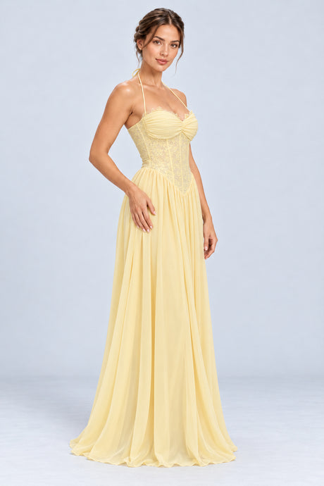 Élodine Halter Lace Corset Chiffon Maxi Dress - Yellow_-_selmori.com_-_06