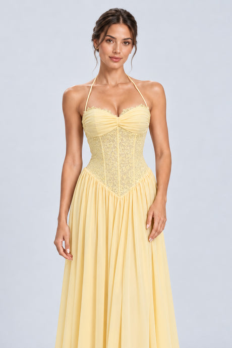 Élodine Halter Lace Corset Chiffon Maxi Dress - Yellow_-_selmori.com_-_07