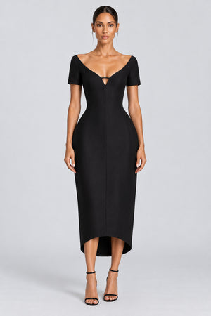 Éloivelle Plunge Neck Sculpted Midi Dress - Black_-_selmori.com_-_01